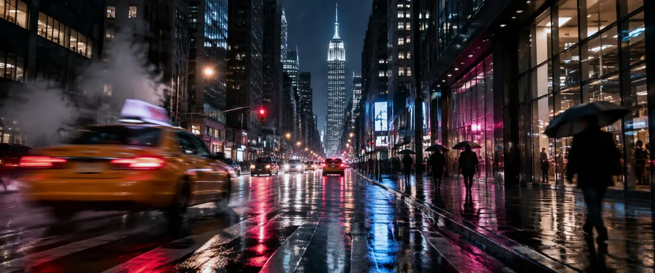 New York street at night, wet asphalt reflecting neon and city lights — the LATECALL world
